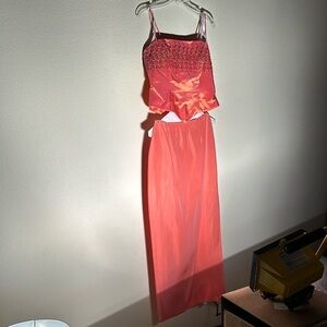 Niki Livas 2-piece formal dress. Tropical orange/salmon color.